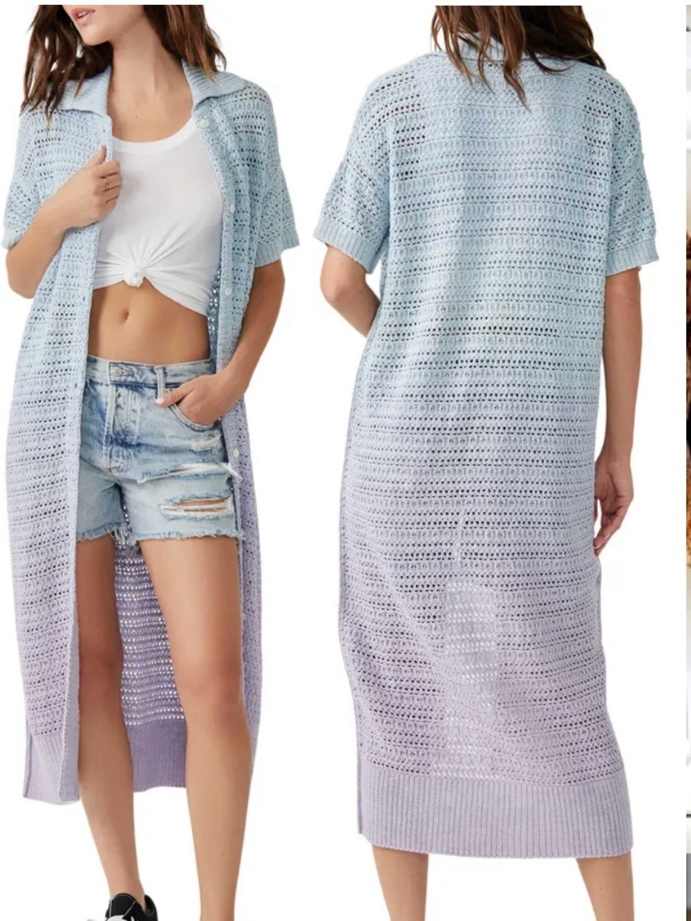 Free People Light Blue & Lavender Ombre Crochet Maxi Cardigan S